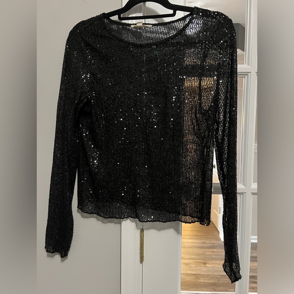 Lucky Brand Black Sequin Sheer Blouse size L EUC - Picture 5 of 11